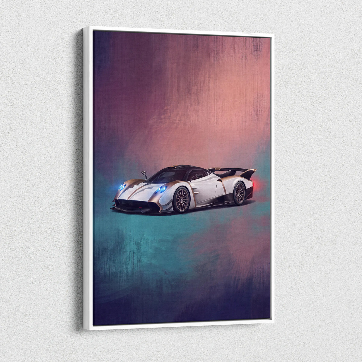 White pagani huayra bc inspired car wall art illustration in a sleek white frame on canvas painting print