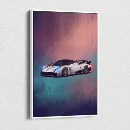 White pagani huayra bc inspired car wall art illustration in a sleek white frame on canvas painting print