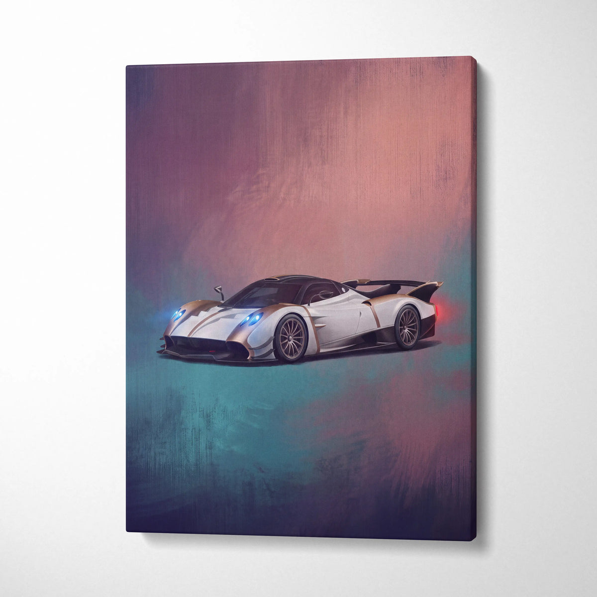 White Pagani Huayra BC inspired hypercar wall art canvas print with sleek design and glowing blue headlights