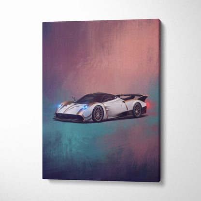 White Pagani Huayra BC inspired hypercar wall art canvas print with sleek design and glowing blue headlights
