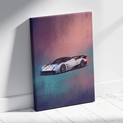 Pagani Huayra BC inspired white hypercar canvas wall art with glowing blue headlights and red taillights in purple pink teal gradient