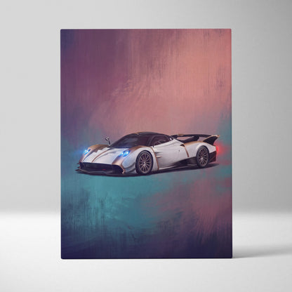 Pagani Huayra BC inspired car wall art featuring a white and black supercar with glowing blue headlights on canvas
