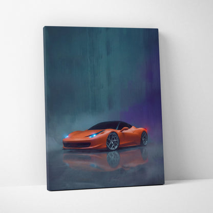 Vibrant orange ferrari 458 italia sports car depicted in a moody painting on canvas luxury supercar wall art