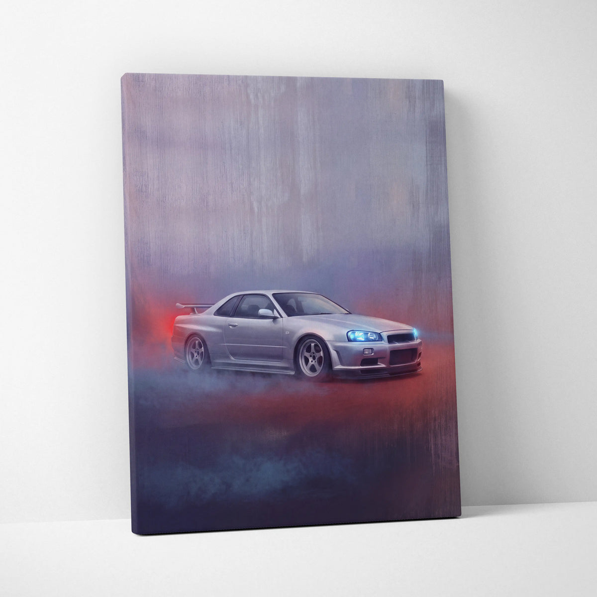 Silver Nissan Skyline R34 GT-R canvas print with glowing blue headlight and red smoke trail wall art