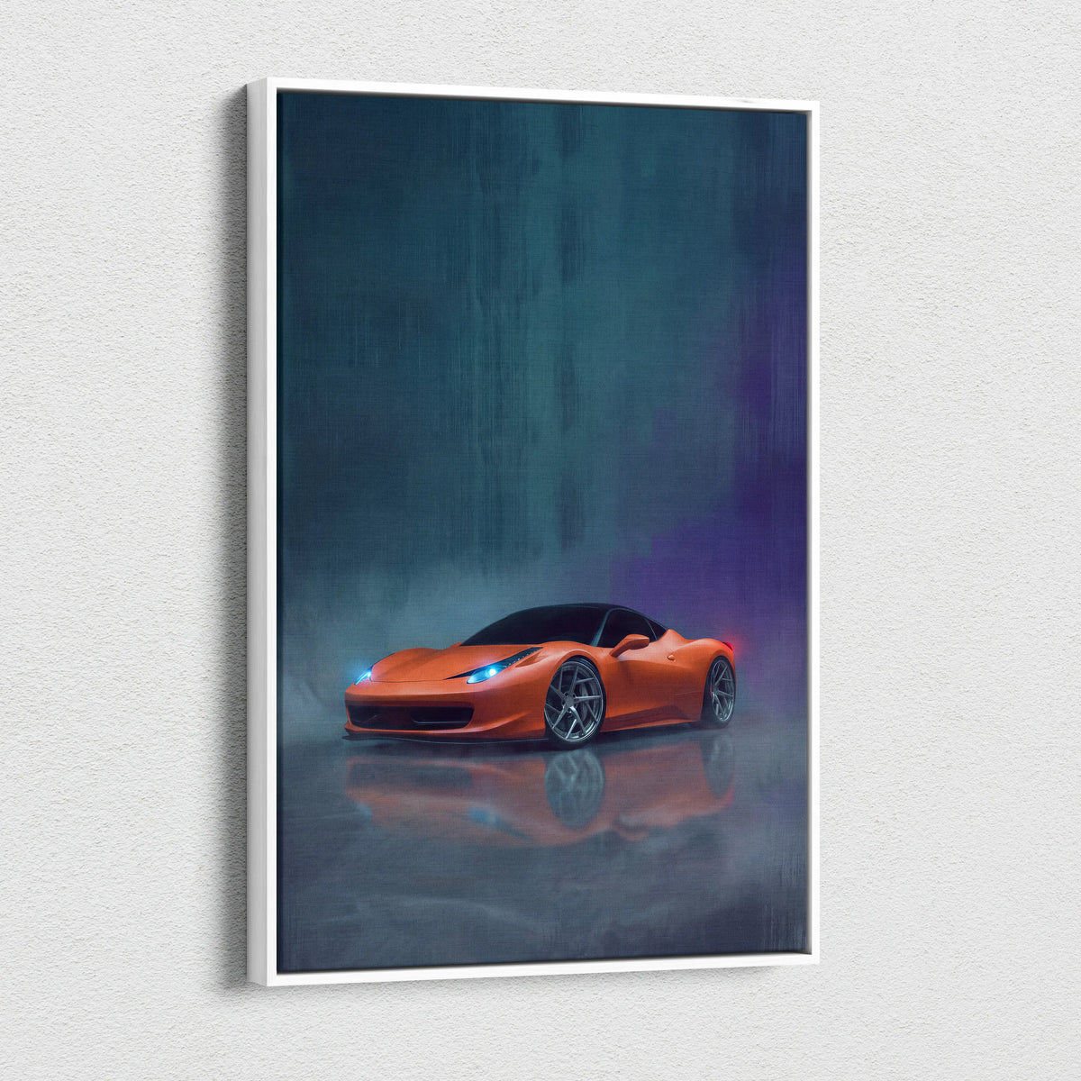 Orange Ferrari 458 Italia inspired luxury supercar canvas print with glowing blue headlights on reflective wet pavement