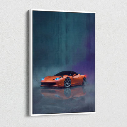 Orange Ferrari 458 Italia inspired luxury supercar canvas print with glowing blue headlights on reflective wet pavement