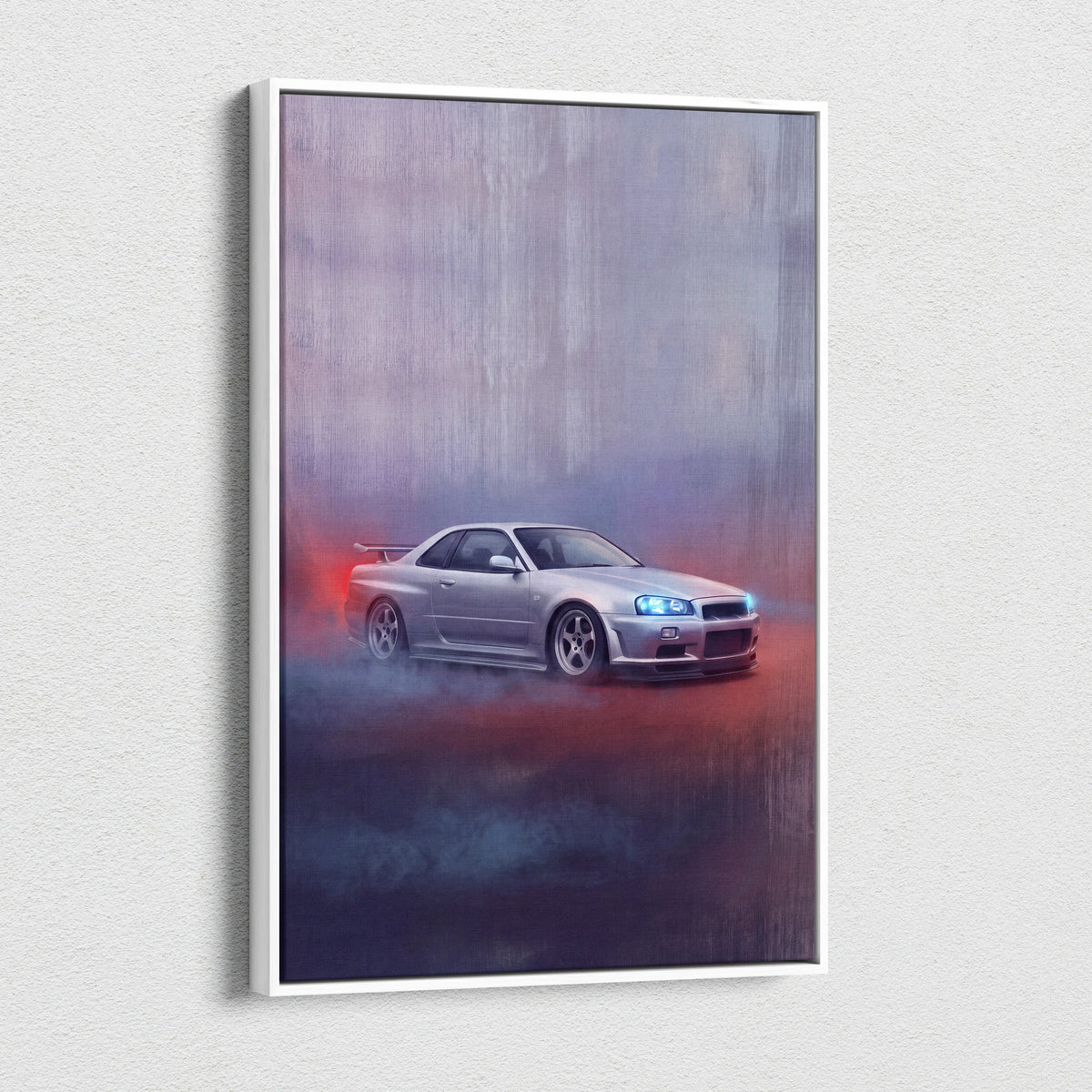 Silver Nissan Skyline R34 GT-R drift art print in white frame automotive wall art Japanese JDM car canvas print