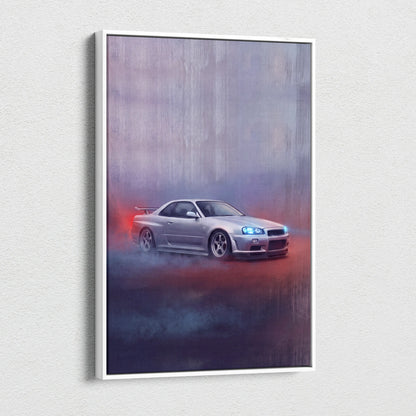 Silver Nissan Skyline R34 GT-R drift art print in white frame automotive wall art Japanese JDM car canvas print