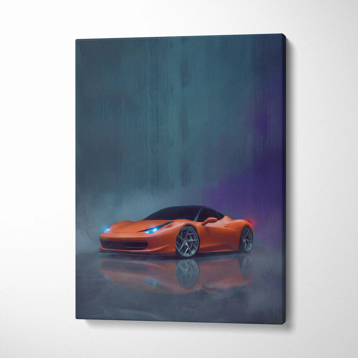 Ferrari 458 Italia inspired automotive wall art featuring vibrant orange sports car on reflective wet pavement canvas print