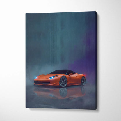 Ferrari 458 Italia inspired automotive wall art featuring vibrant orange sports car on reflective wet pavement canvas print