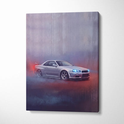 Silver nissan skyline r34 gt-r canvas print featuring dynamic drift scene with glowing headlights and red smoke effects