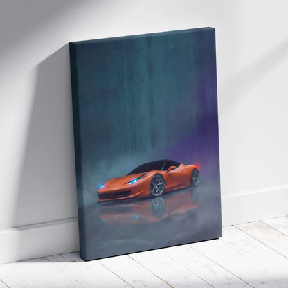 Orange Ferrari 458 Italia inspired sports car painting on stretched canvas luxury supercar wall art print