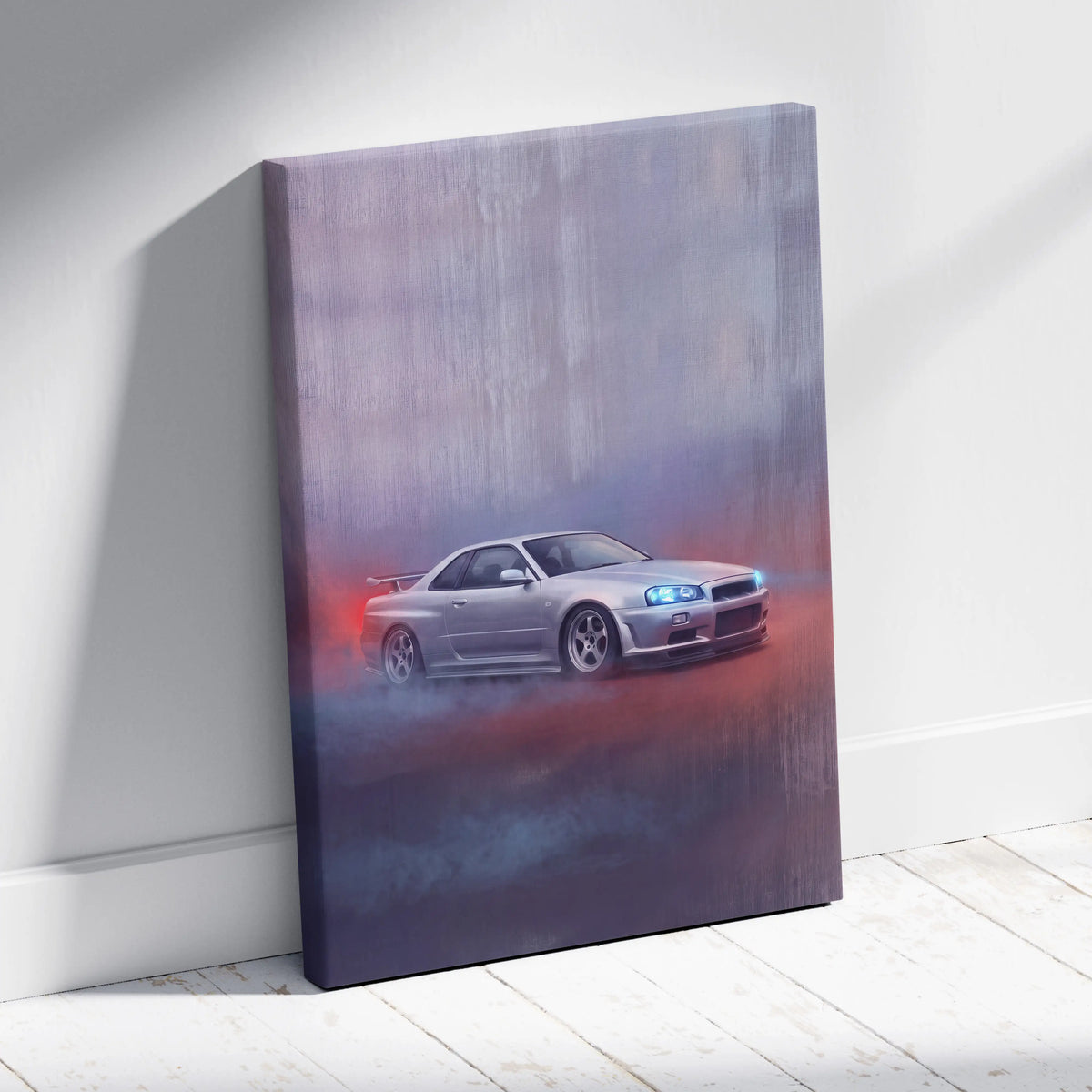 Silver nissan skyline r34 gt-r canvas print showing the car drifting with blue headlights and red smoke on a purple orange backdrop