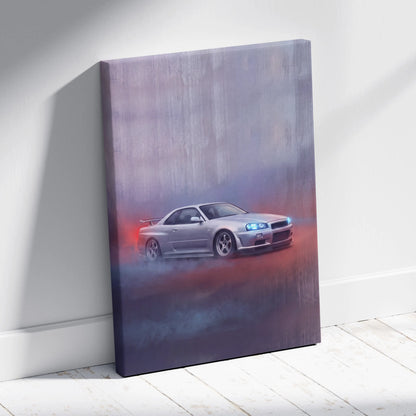 Silver nissan skyline r34 gt-r canvas print showing the car drifting with blue headlights and red smoke on a purple orange backdrop