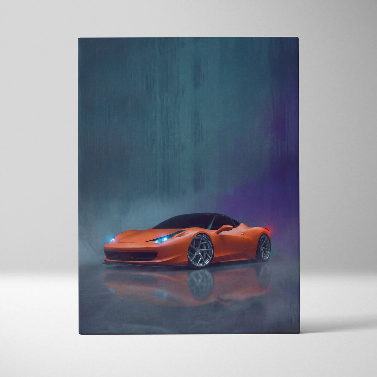 Ferrari 458 Italia inspired automotive wall art featuring vibrant orange sports car with glowing headlights on wet pavement