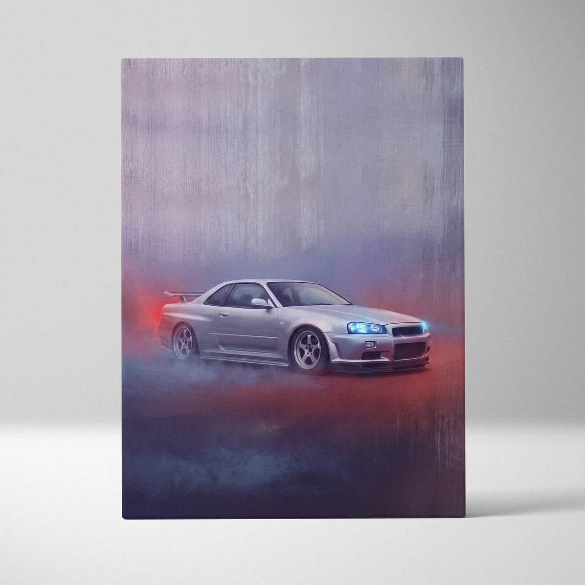 Silver nissan skyline r34 gt-r drift art on canvas print for japanese jdm car inspired automotive wall decor