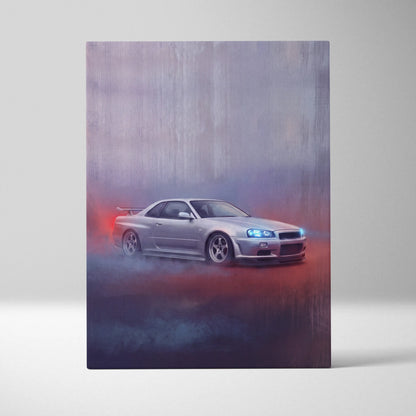 Silver nissan skyline r34 gt-r drift art on canvas print for japanese jdm car inspired automotive wall decor