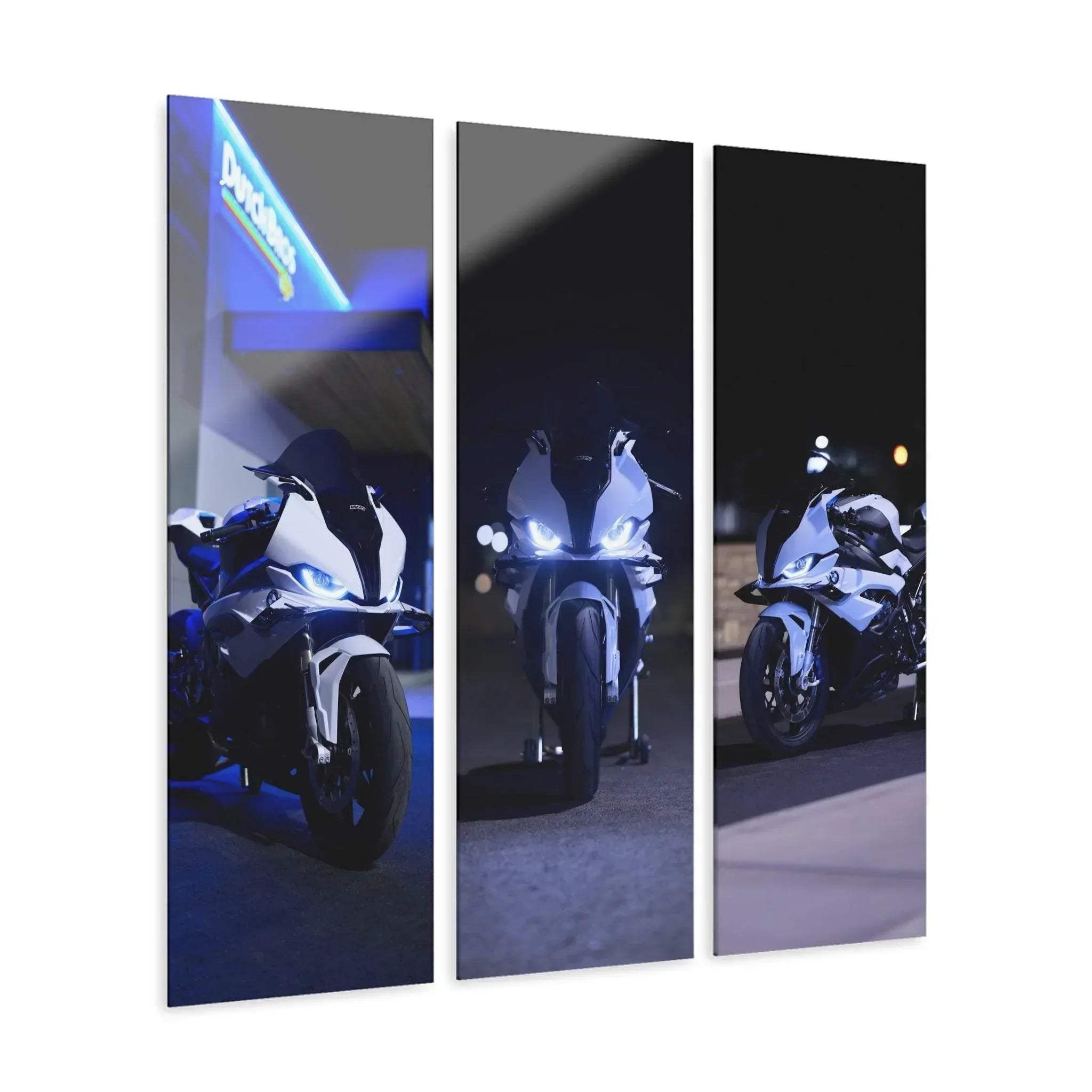 Three-piece canvas wall art featuring a BMW S1000RR motorcycle at night with blue and white light accents.