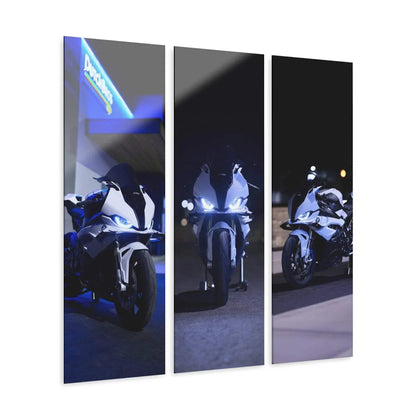 Three-piece canvas wall art featuring a BMW S1000RR motorcycle at night with blue and white light accents.