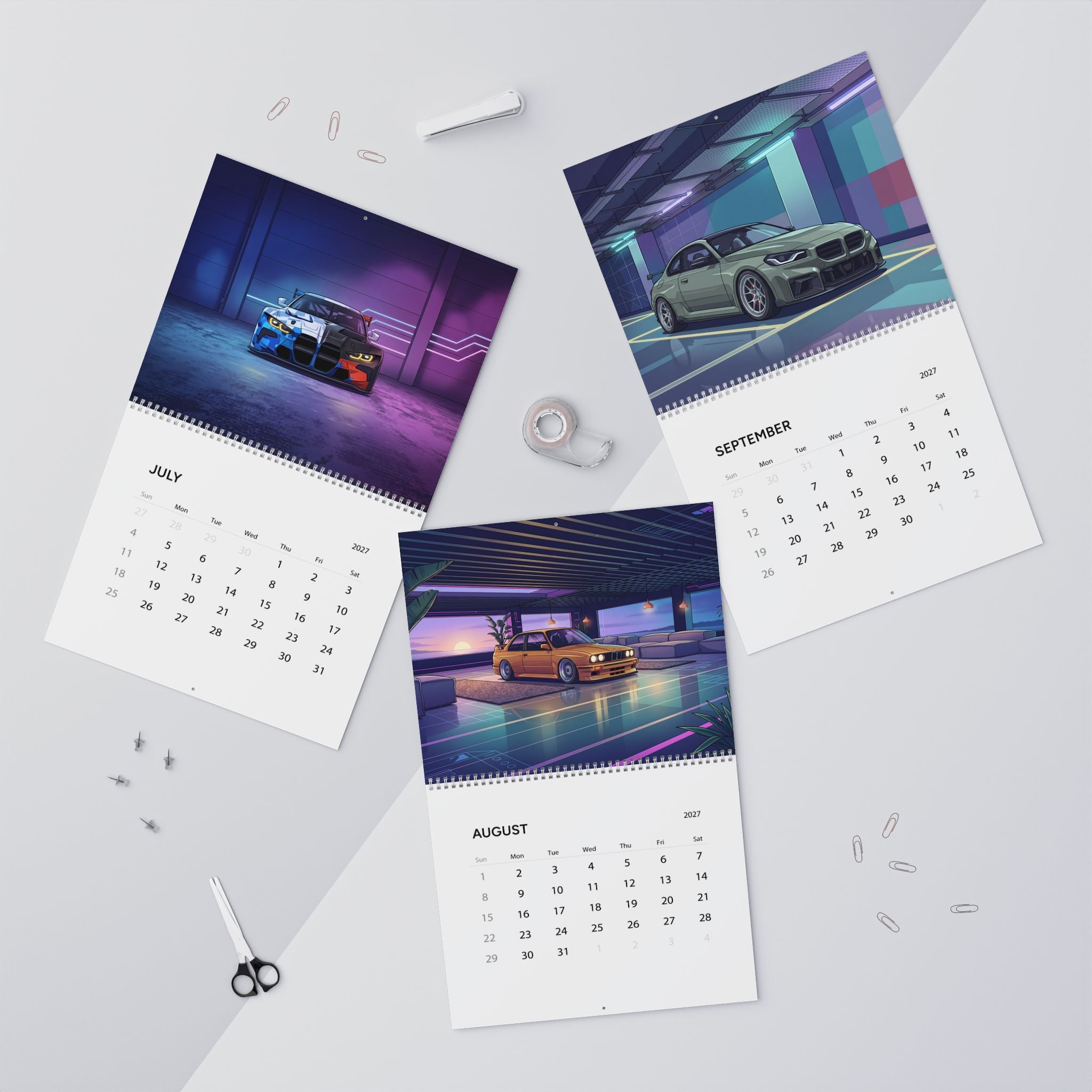 2027 European Car Vaporwave Wall Calendar – BMW Inspired Performance Cars & Retro Neon Artwork Collection