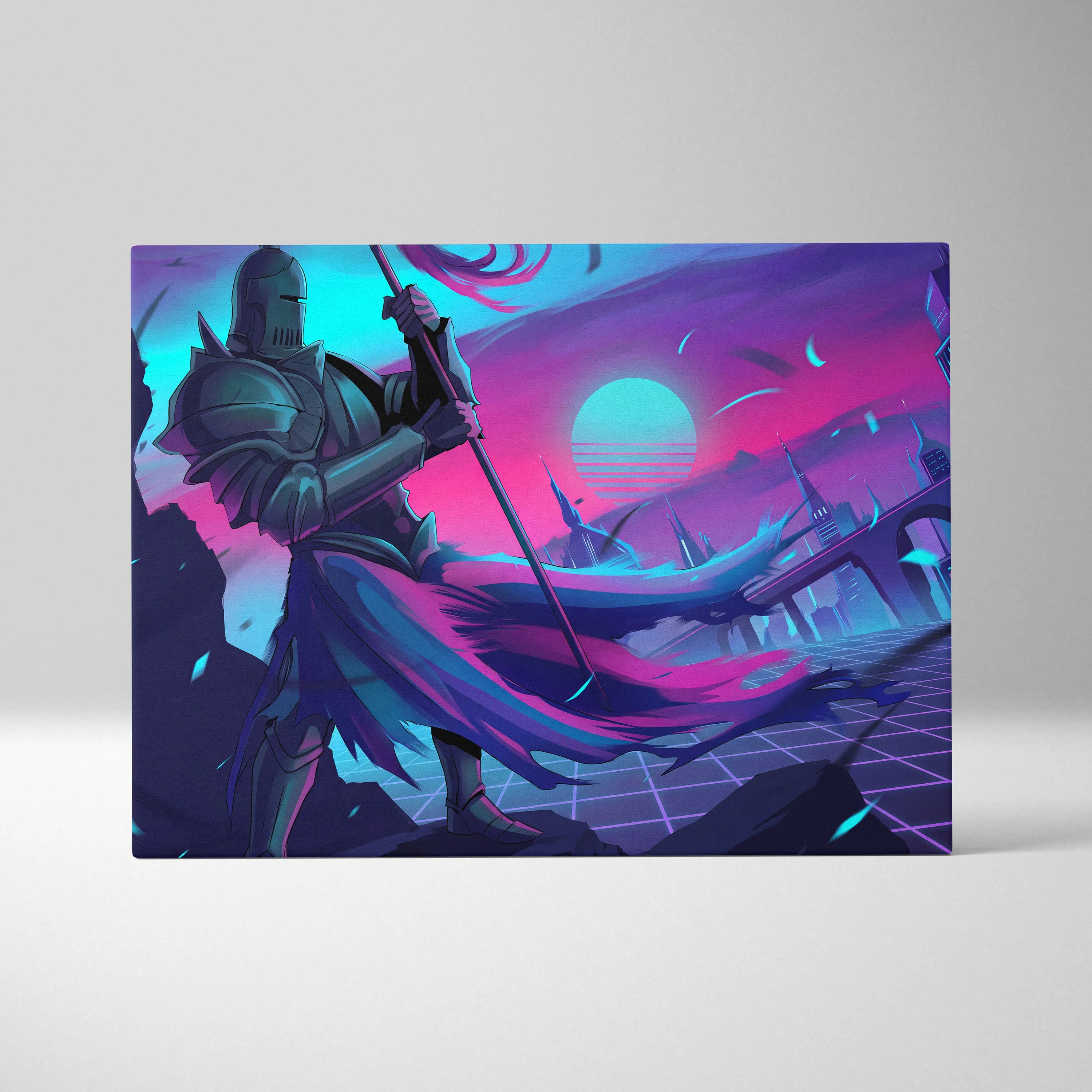 Neon Knight Vaporwave Canvas - Knight Neon Pink Blue Canvas Living Room Vaporwave Moody Neon Aesthetic Wall Art Canvas