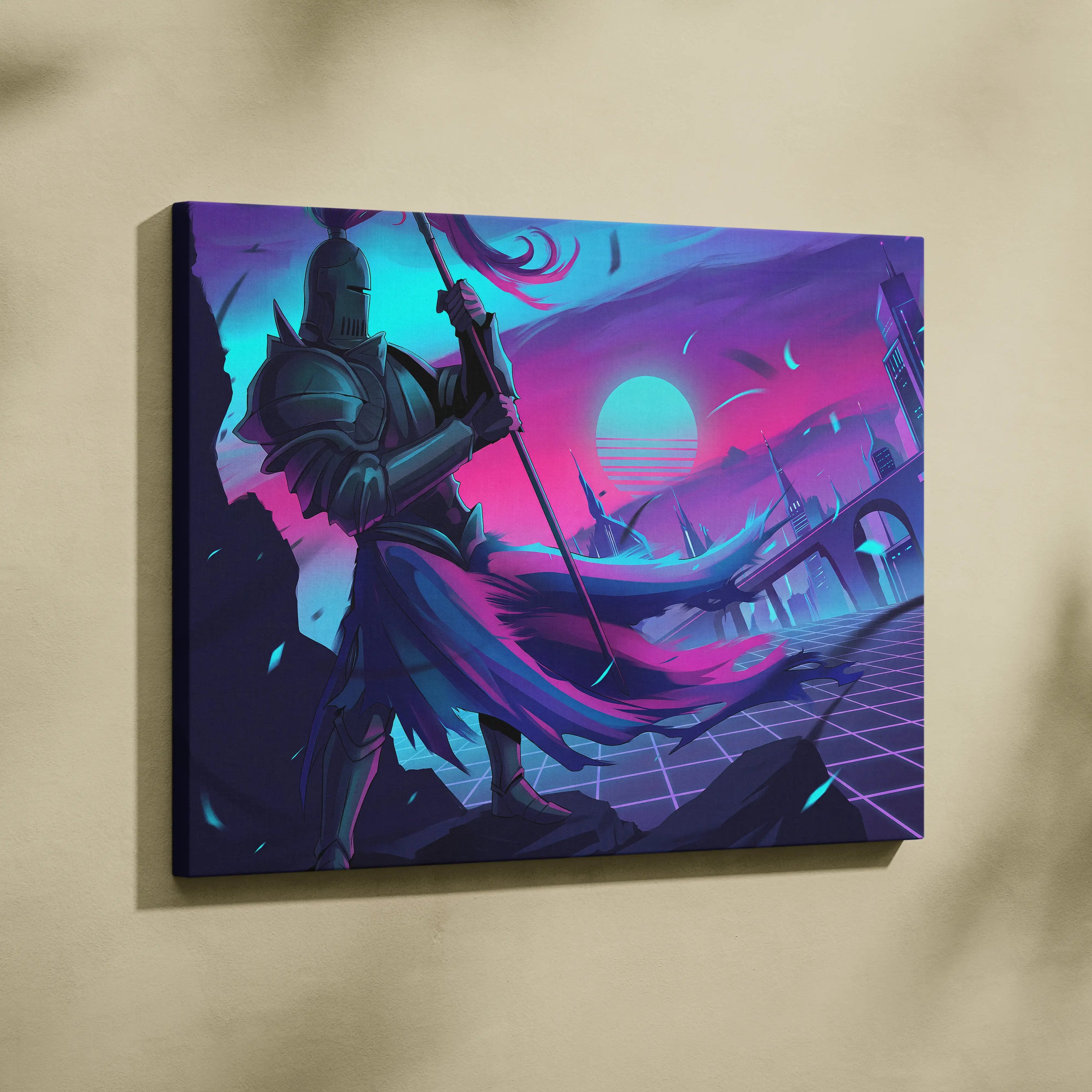 Neon Knight Vaporwave Canvas - Knight Neon Pink Blue Canvas Living Room Vaporwave Moody Neon Aesthetic Wall Art Canvas
