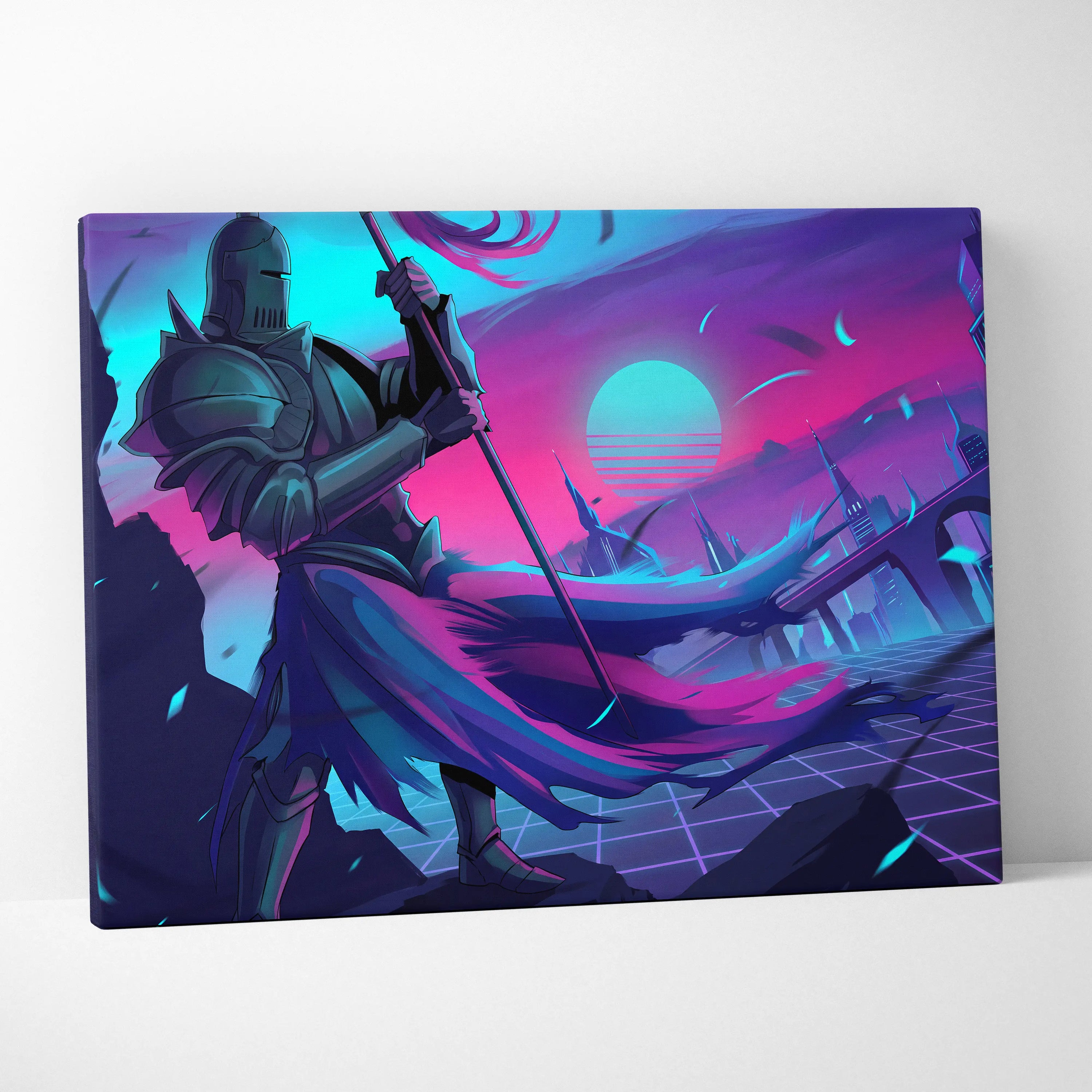 Neon Knight Vaporwave Canvas - Knight Neon Pink Blue Canvas Living Room Vaporwave Moody Neon Aesthetic Wall Art Canvas