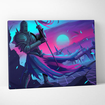 Neon Knight Vaporwave Canvas - Knight Neon Pink Blue Canvas Living Room Vaporwave Moody Neon Aesthetic Wall Art Canvas