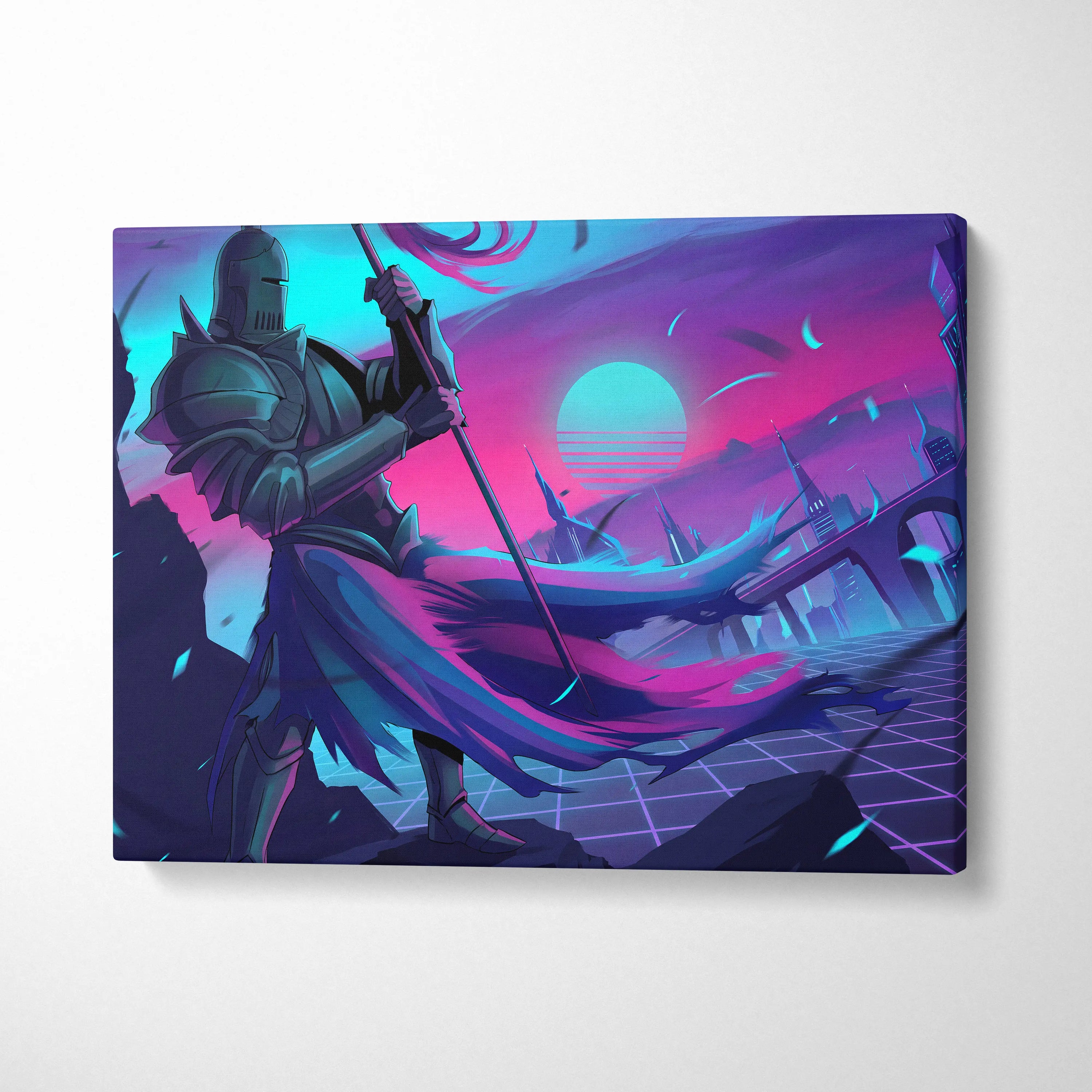 Neon Knight Vaporwave Canvas - Knight Neon Pink Blue Canvas Living Room Vaporwave Moody Neon Aesthetic Wall Art Canvas
