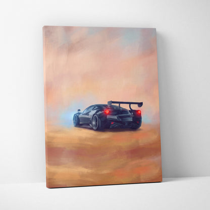 Black sports car canvas print featuring a sleek ferrari 488 pista inspired vehicle with glowing red taillights and rear spoiler