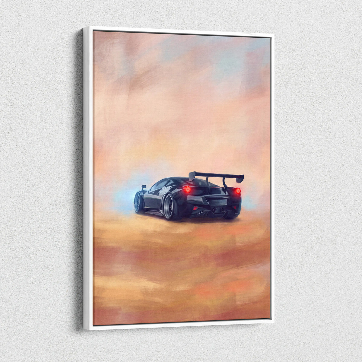 Black Ferrari 488 pista inspired sports car wall art featuring glowing red taillights and rear spoiler in white frame