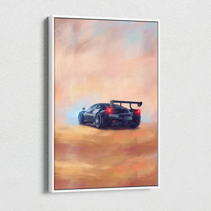 Black Ferrari 488 pista inspired sports car wall art featuring glowing red taillights and rear spoiler in white frame