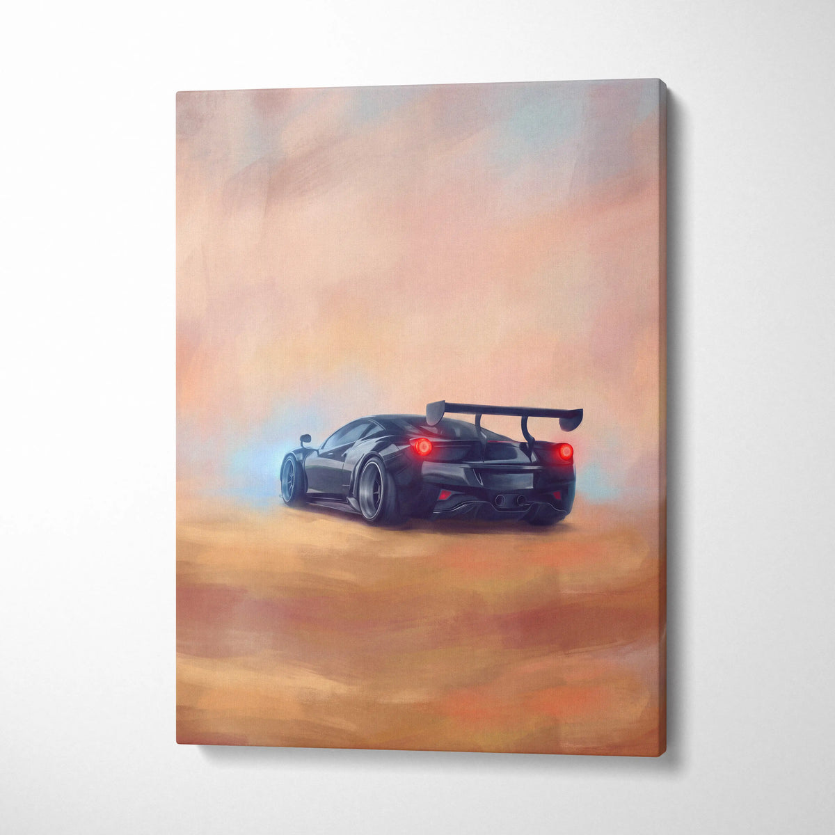 Ferrari 488 pista inspired black sports car wall art canvas print with glowing red taillights and rear spoiler