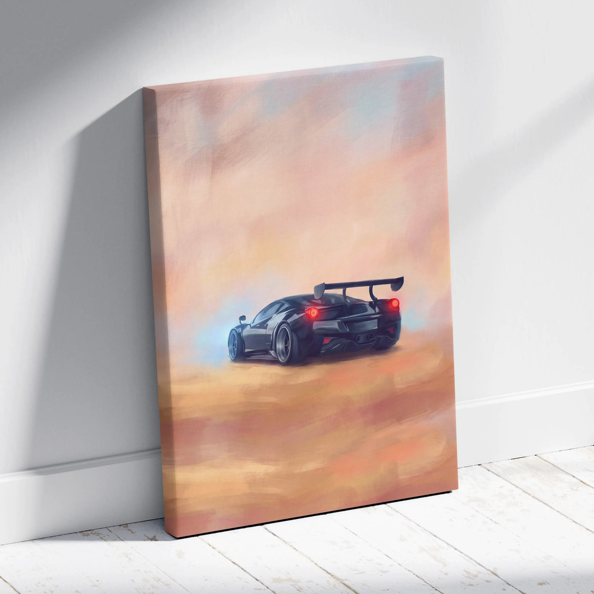 Ferrari 488 pista inspired car wall art canvas print featuring a sleek black sports car with glowing red taillights and rear spoiler