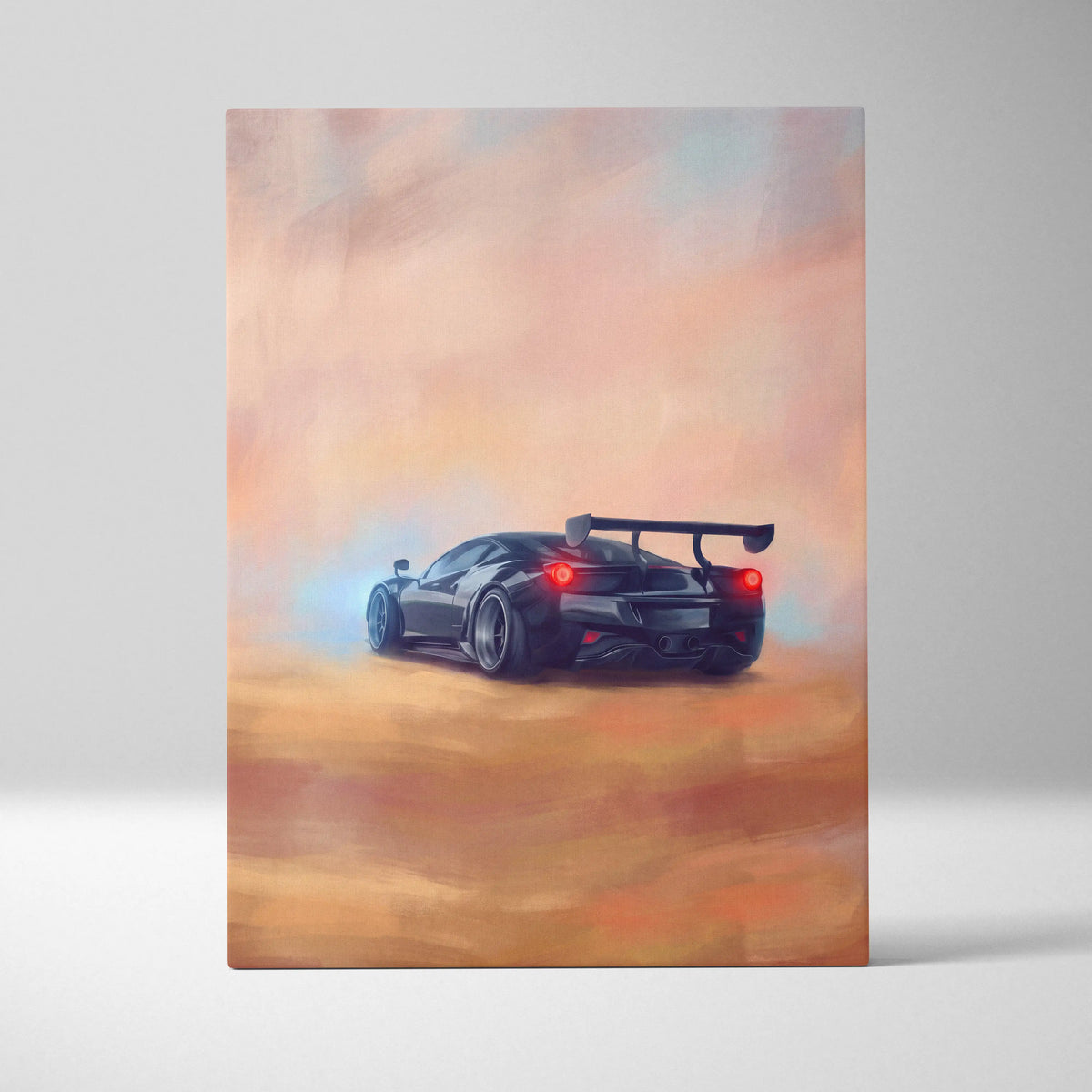 Black Ferrari 488 Pista inspired sports car wall art with red taillights and rear spoiler on canvas track edition print