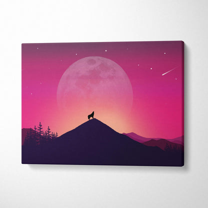 Vibrant pink purple howling wolf silhouette on moonlit mountain peak canvas print