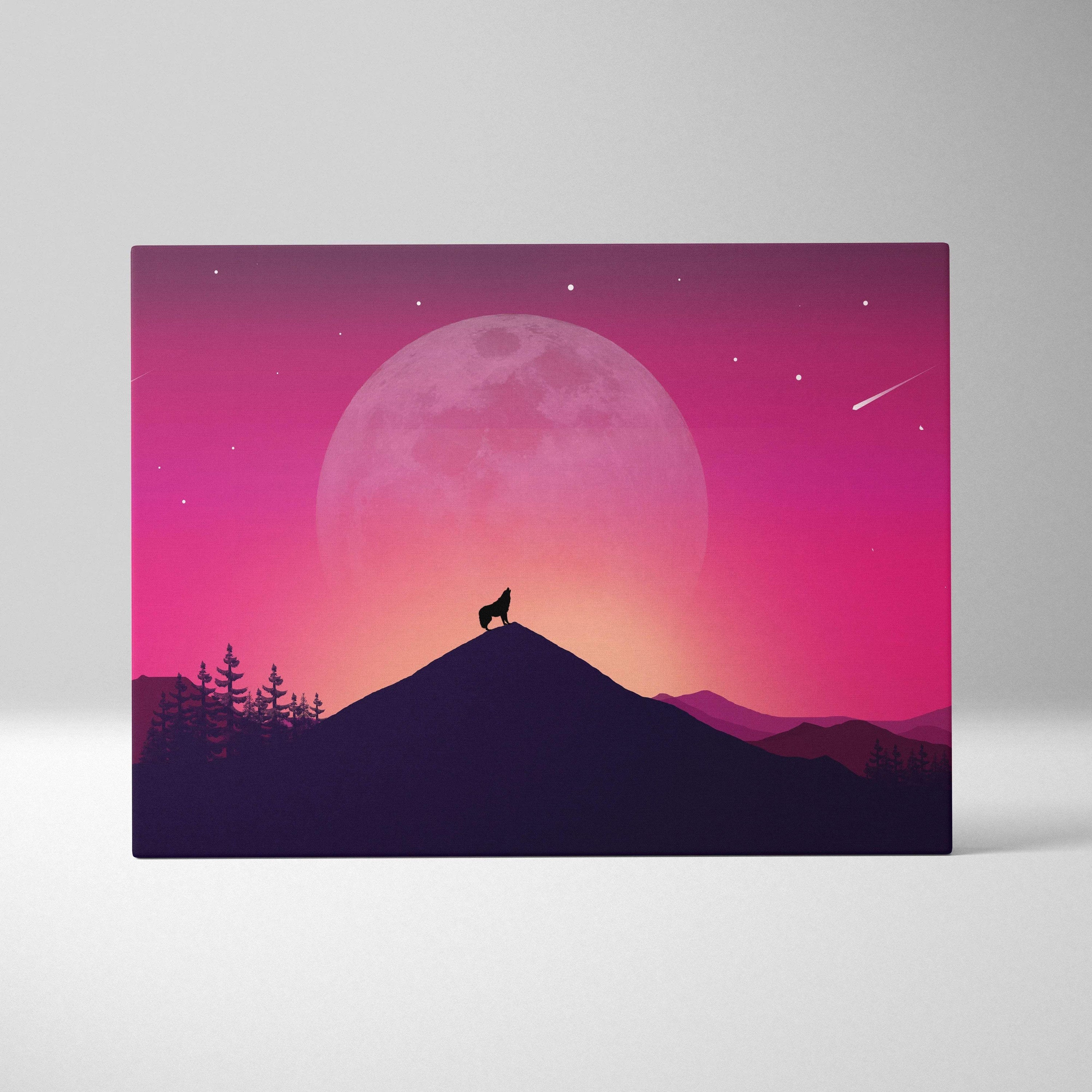 Howling wolf silhouette on moonlit peak minimalist nightscape canvas print