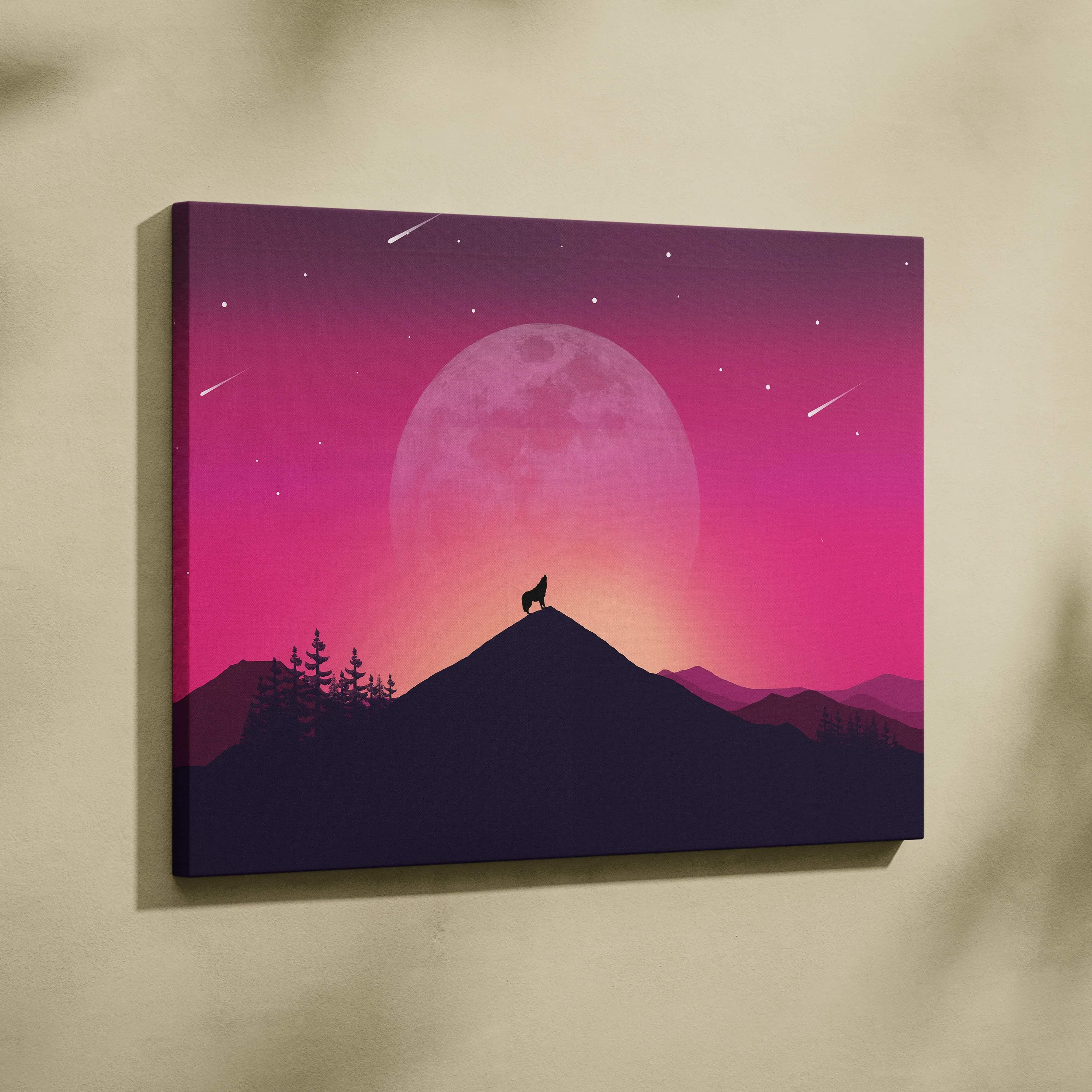 Howling wolf silhouette on moonlit peak under rose moon canvas print
