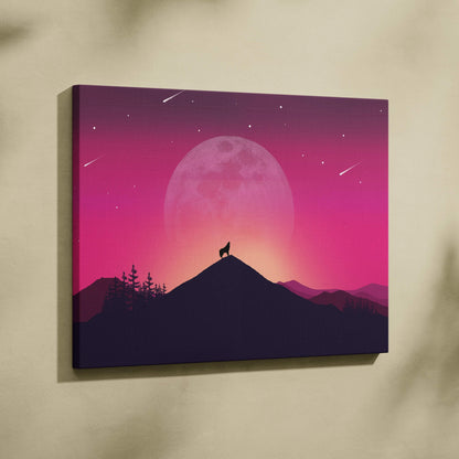Howling wolf silhouette on moonlit peak under rose moon canvas print
