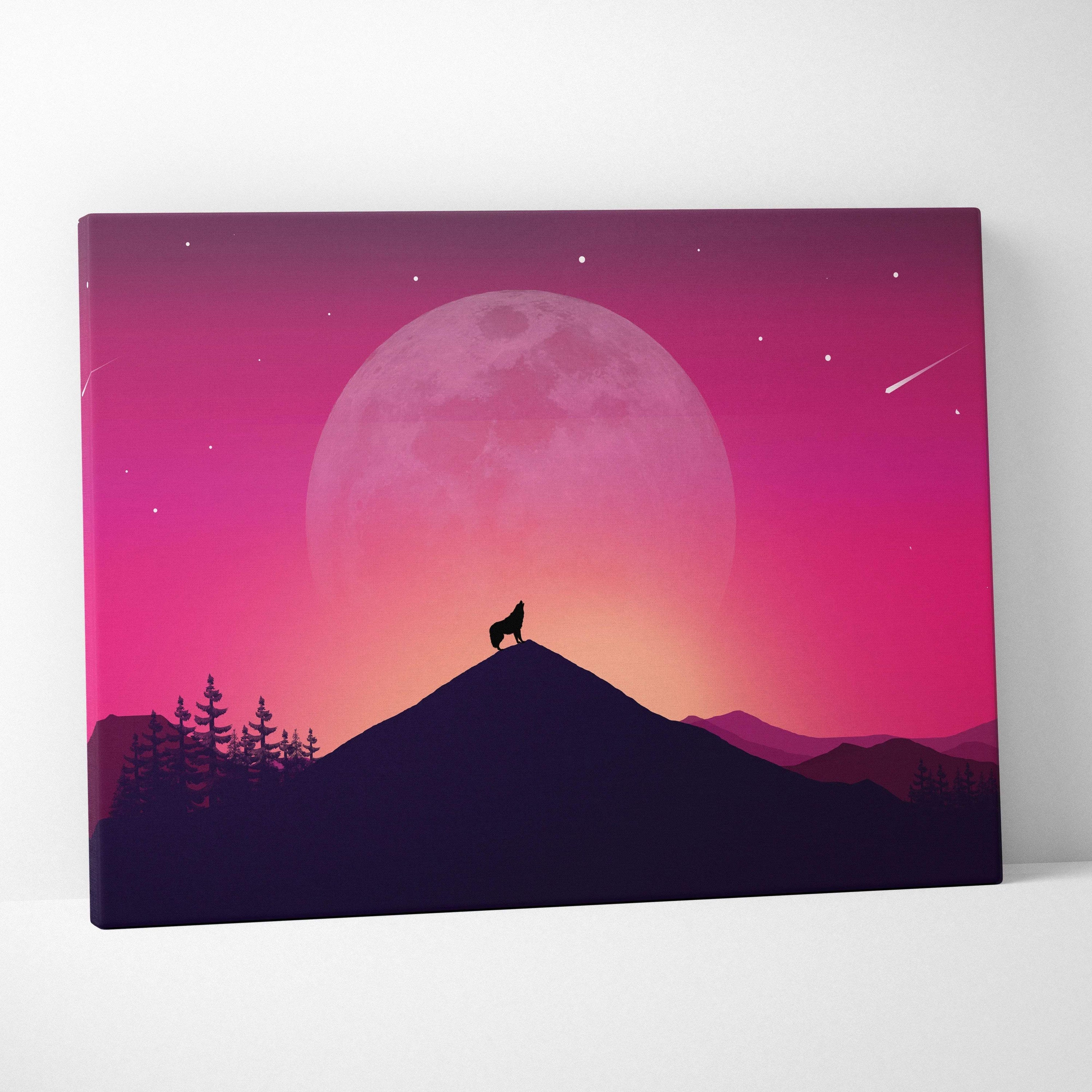 Howling wolf silhouette on moonlit peak under rose moon minimalist canvas print