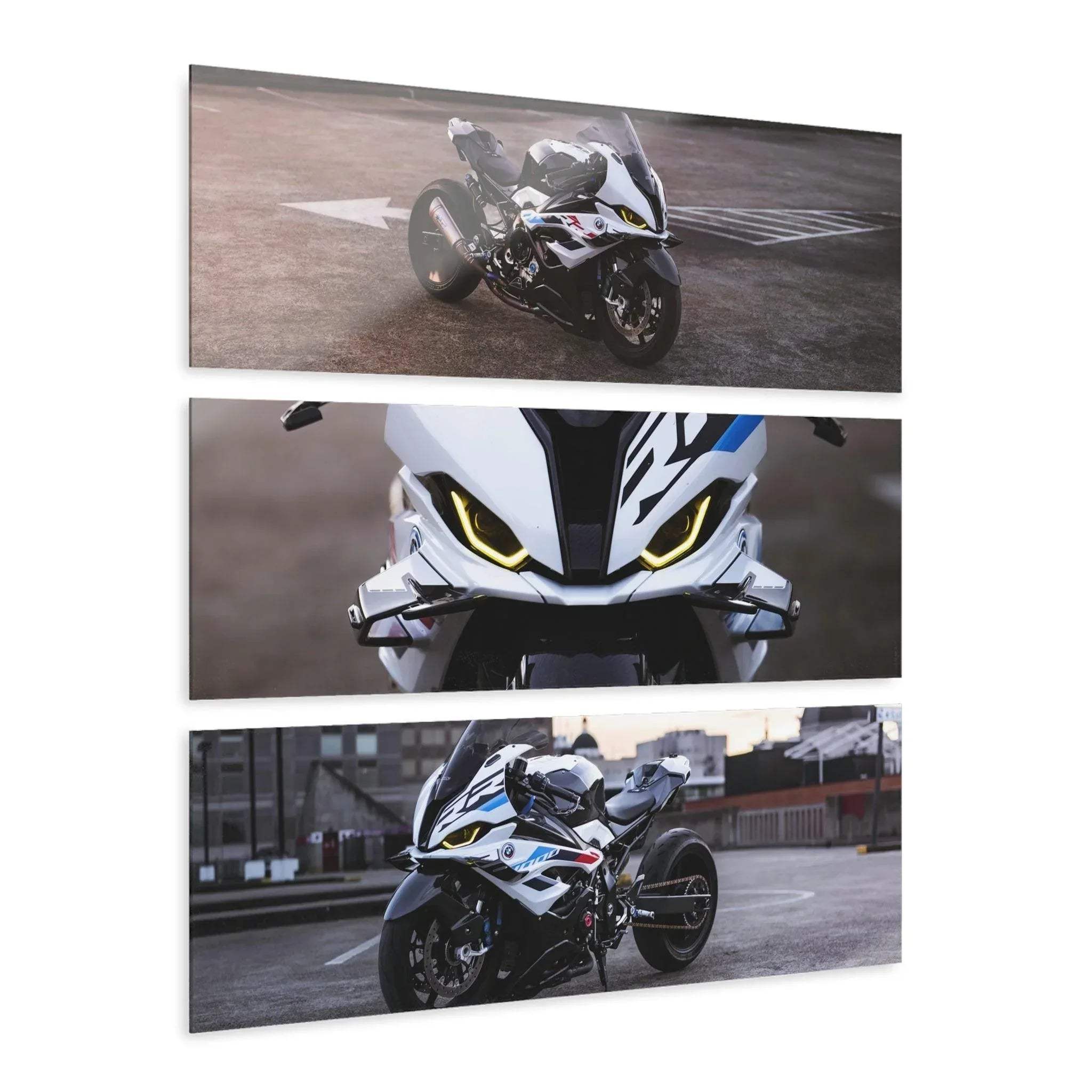 BMW S1000RR motorcycle canvas art set, three-piece horizontal wall art with dynamic racing scenes.