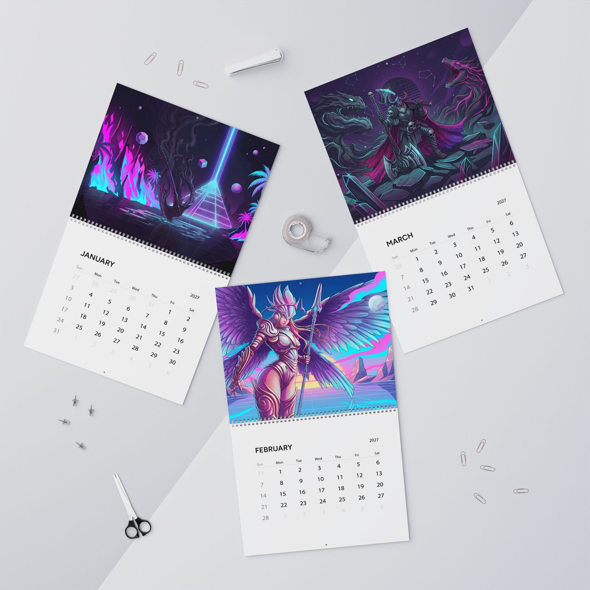 2027 Fantasy Vaporwave Wall Calendar – Vibrant Neon Art & Surreal Fantasy Designs