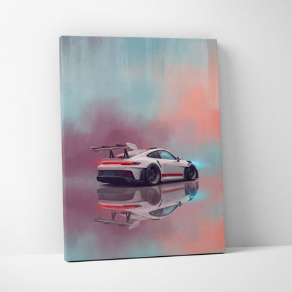 White porsche 911 gt3 rs inspired supercar canvas art with red accents and large rear wing against pastel sky