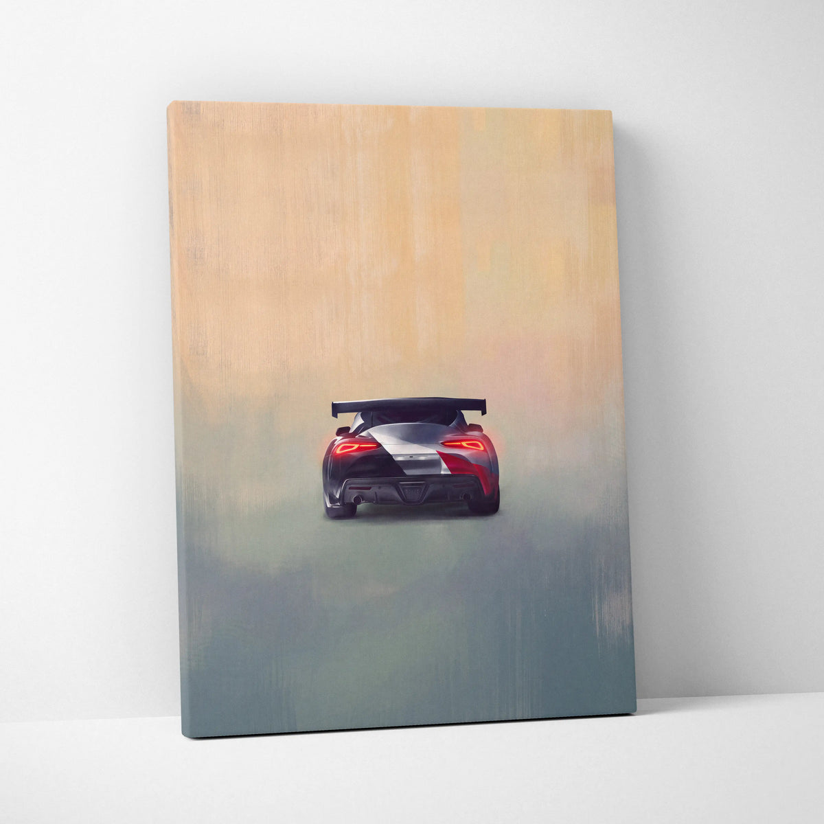 Toyota GR Supra inspired canvas art featuring a sleek red and black sports car with a rear spoiler for garage decor
