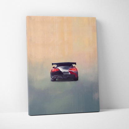 Toyota GR Supra inspired canvas art featuring a sleek red and black sports car with a rear spoiler for garage decor