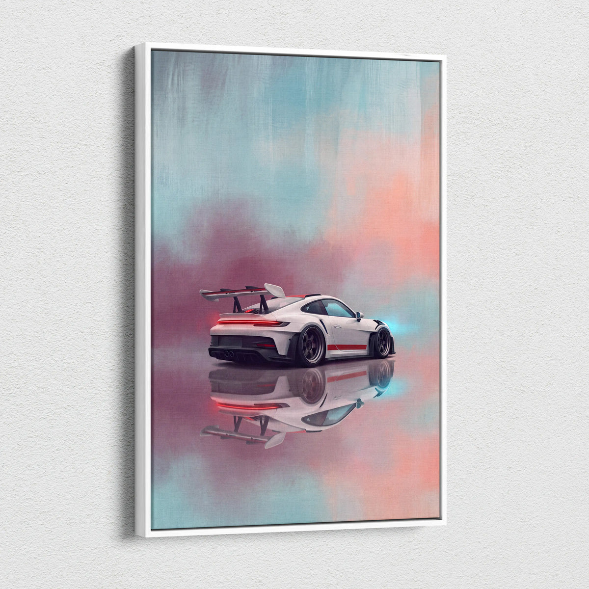 White framed canvas print of a stylized white porsche 911 gt3 with red accents against a pastel sky wall art