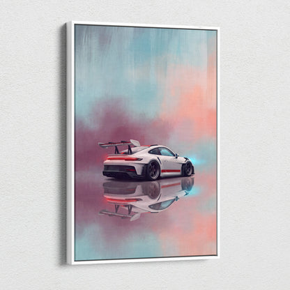 White framed canvas print of a stylized white porsche 911 gt3 with red accents against a pastel sky wall art