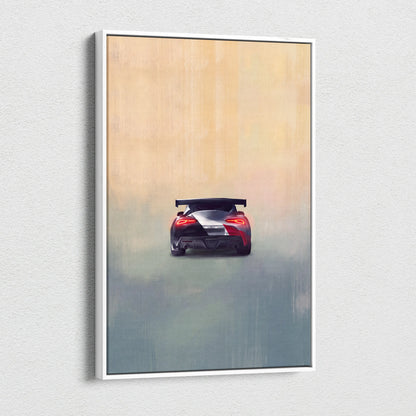 A framed Toyota GR Supra inspired canvas art showing the rear view of a red and black sports car with white stripe