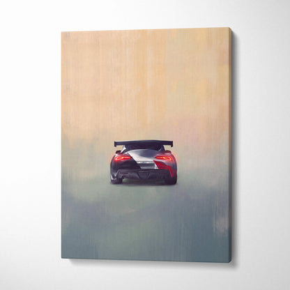 A canvas print of a red and silver Toyota GR Supra inspired sports car with black spoiler for garage wall decor