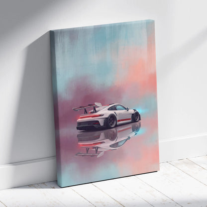 White porsche 911 gt3 rs inspired supercar canvas art featuring a red stripe and black wheels on teal pink background